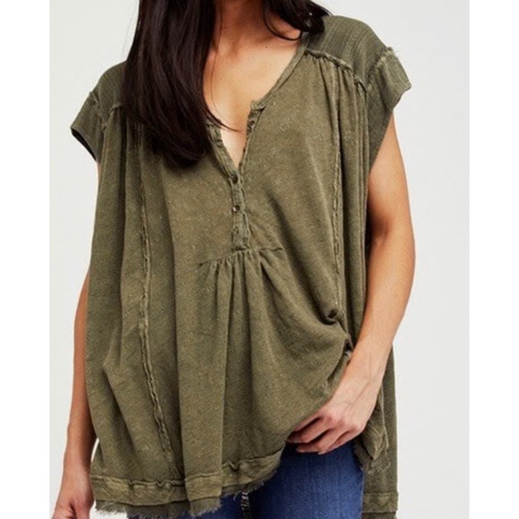 Free People Top Aster High Low Henley XS Green Lagenlook Oversized Linen Blend - Picture 1 of 11